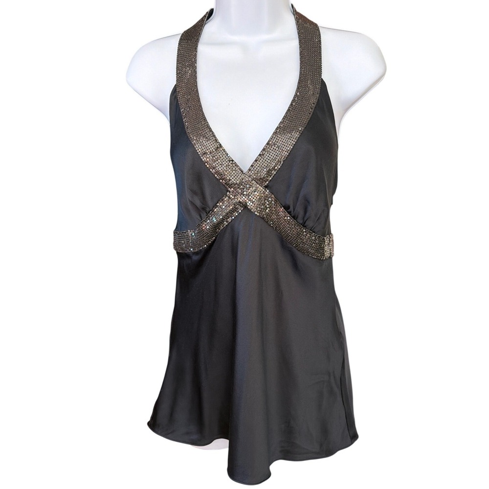 Vintage 2000's Bebe Halter Top Y2K Glam Clubwear Night Out Metallic Trim Black